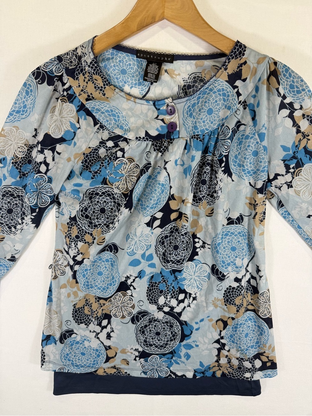Apostrophe Blue Floral Layered-Hem Long Sleeve Top